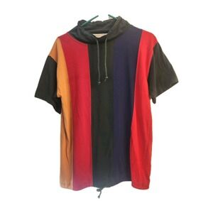 Vtg 90s Color Block Striped Short Sleeve Cowl Neck Hoodie T Shirt Androgynous